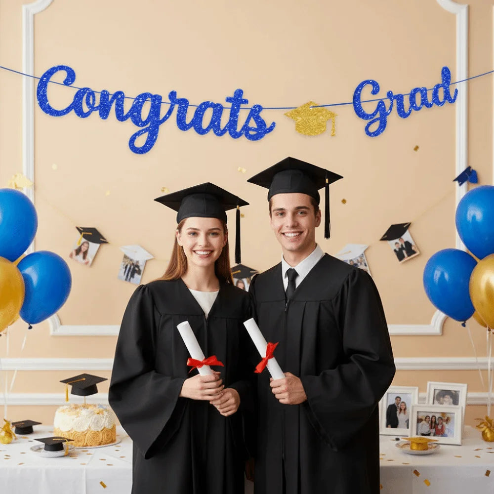guirlande décoration fête graduation lettres paillettes chapeau diplôme ballons confettis