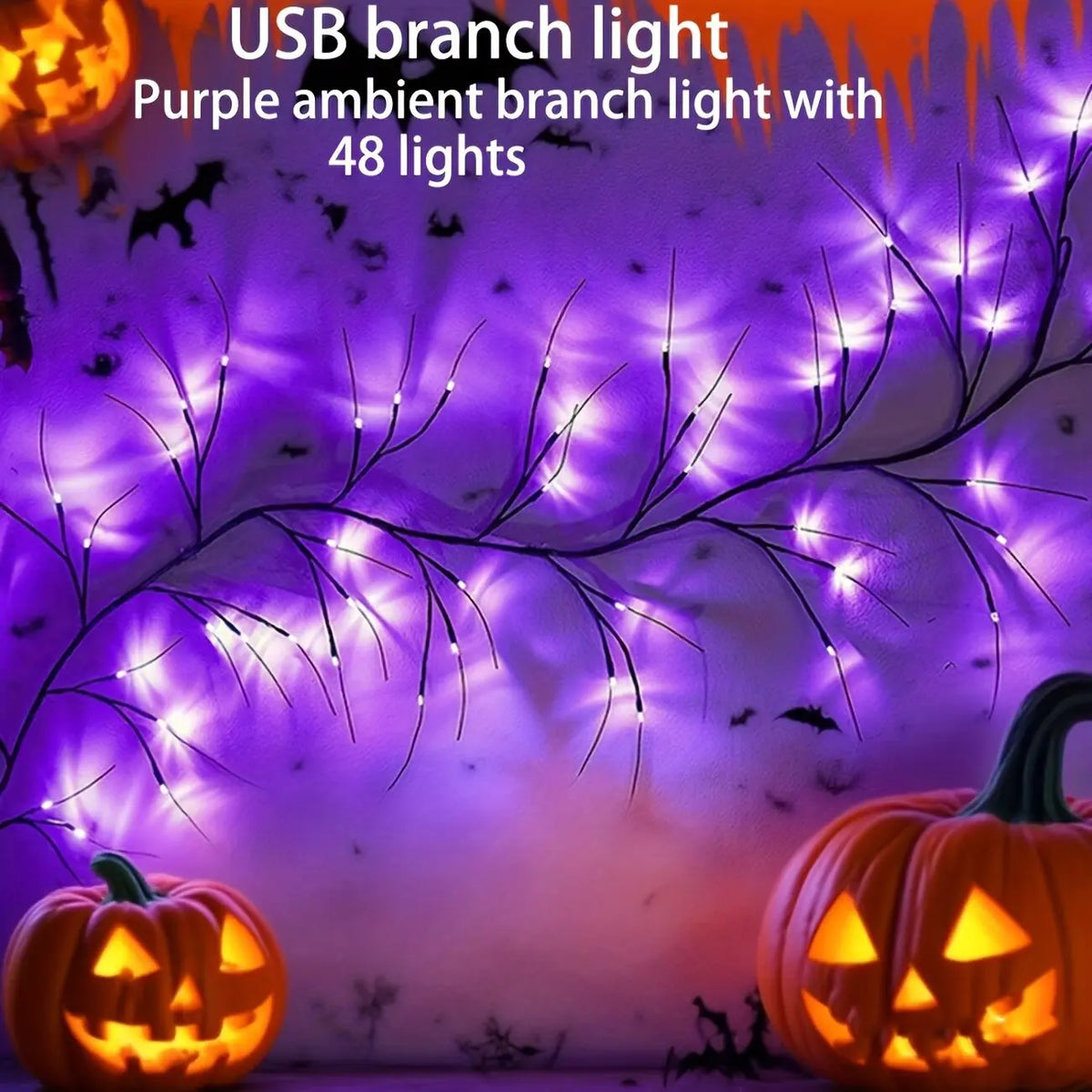 décoration halloween branches lumineuses led noires 48 ampoules usb naturel