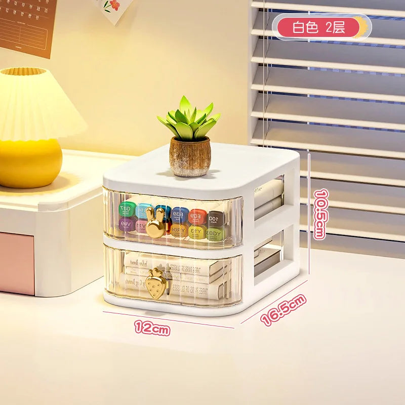 boîte rangement tiroirs transparentes poignées coeurs blanc rose beige