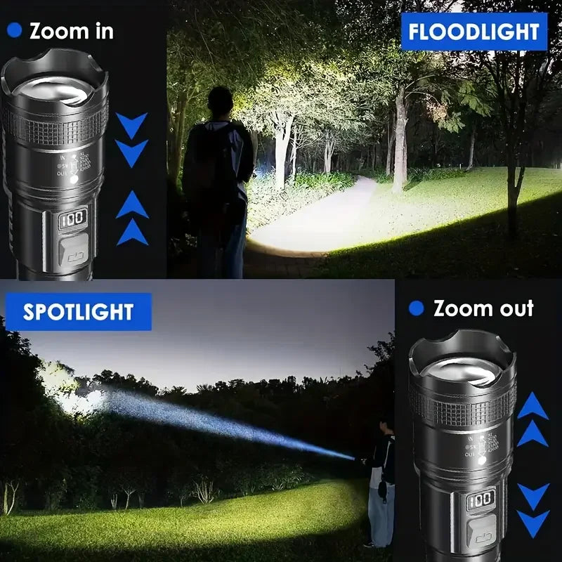 lampe poche noire rechargeable led étanche camping torche réglable mode haut basécran digital included