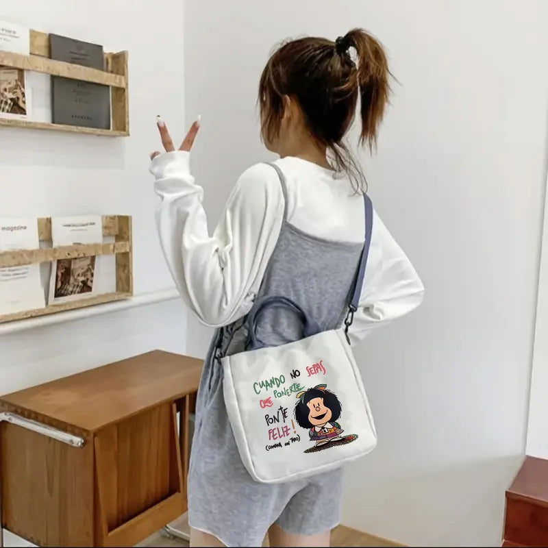 sac main toile imprimée mafalda blanc bleu moderne casual boucle fermeture fourre tout étudiant