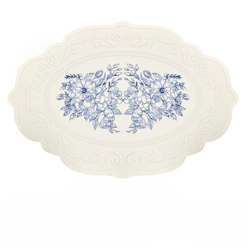 placemat silicone fleurs bleues blanc bordure embossée classique élégant imperméable cuisine table manger