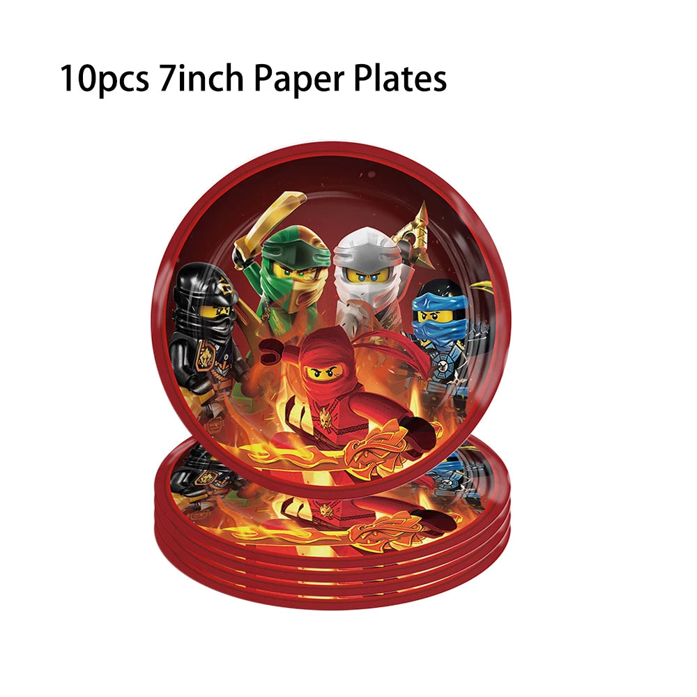assiettes papier serviettes gobelets tissu table ninjas feu anniversaire thème ninja rouge vert