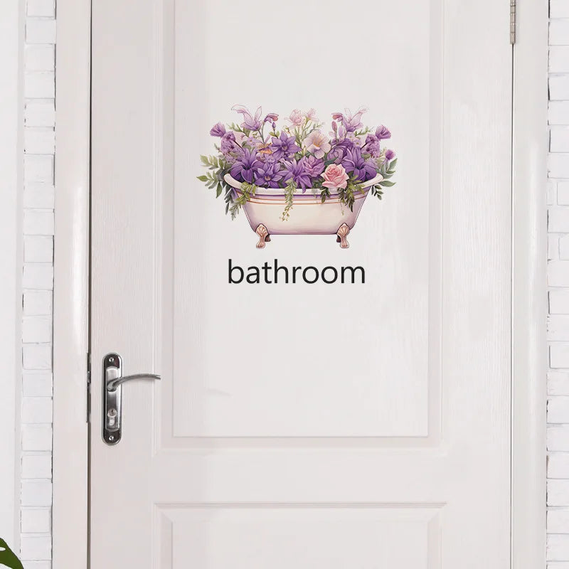 autocollant mural fleurs baignoire illustration moderne décoration maison blanc violet rose vert adhésif pvc
