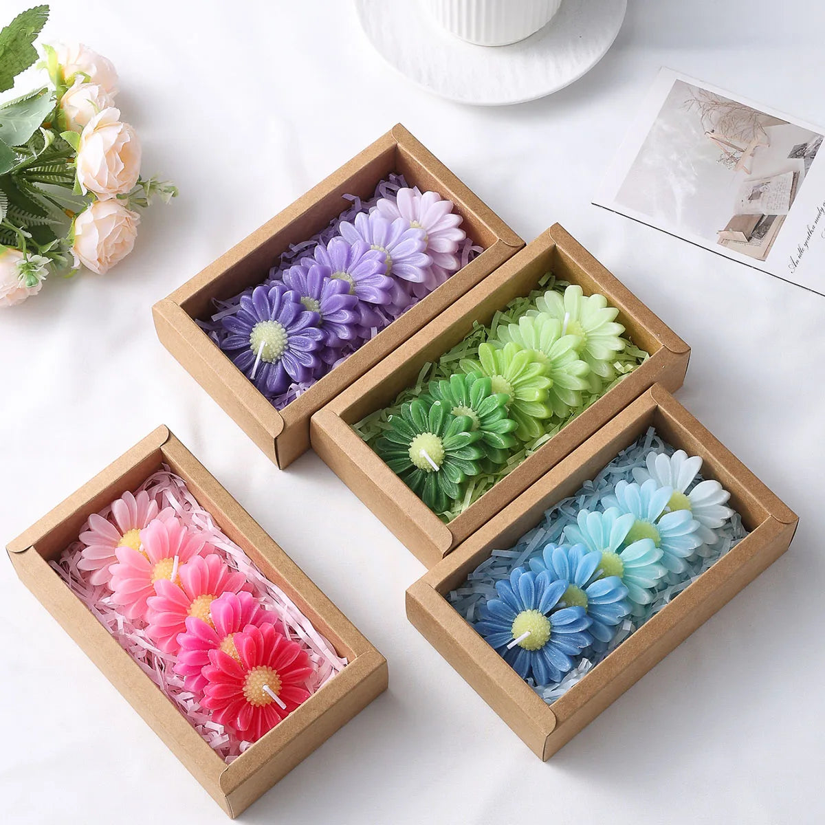 bouquet artificiel fleurs colorées violet vert bleu rose papier emballage moderne decoration maison relaxation