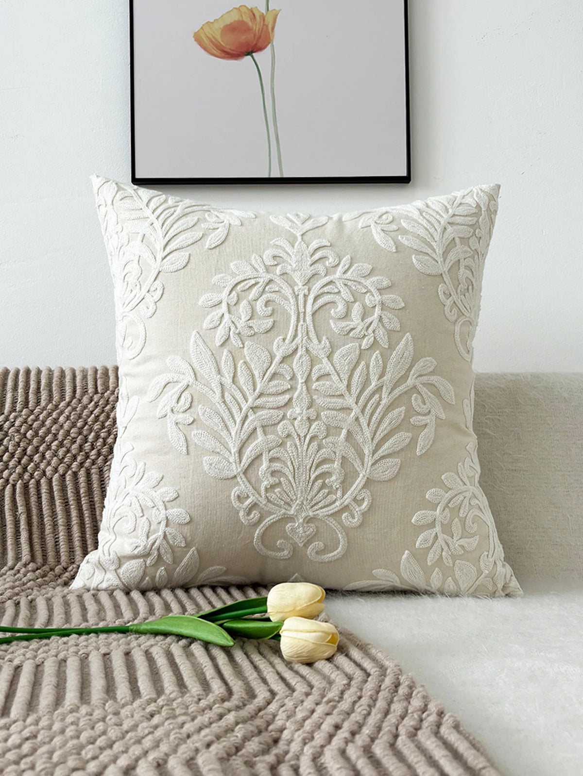 taie d'oreiller motif floral brodé polyester élégant décoration maison coussin beige fixations