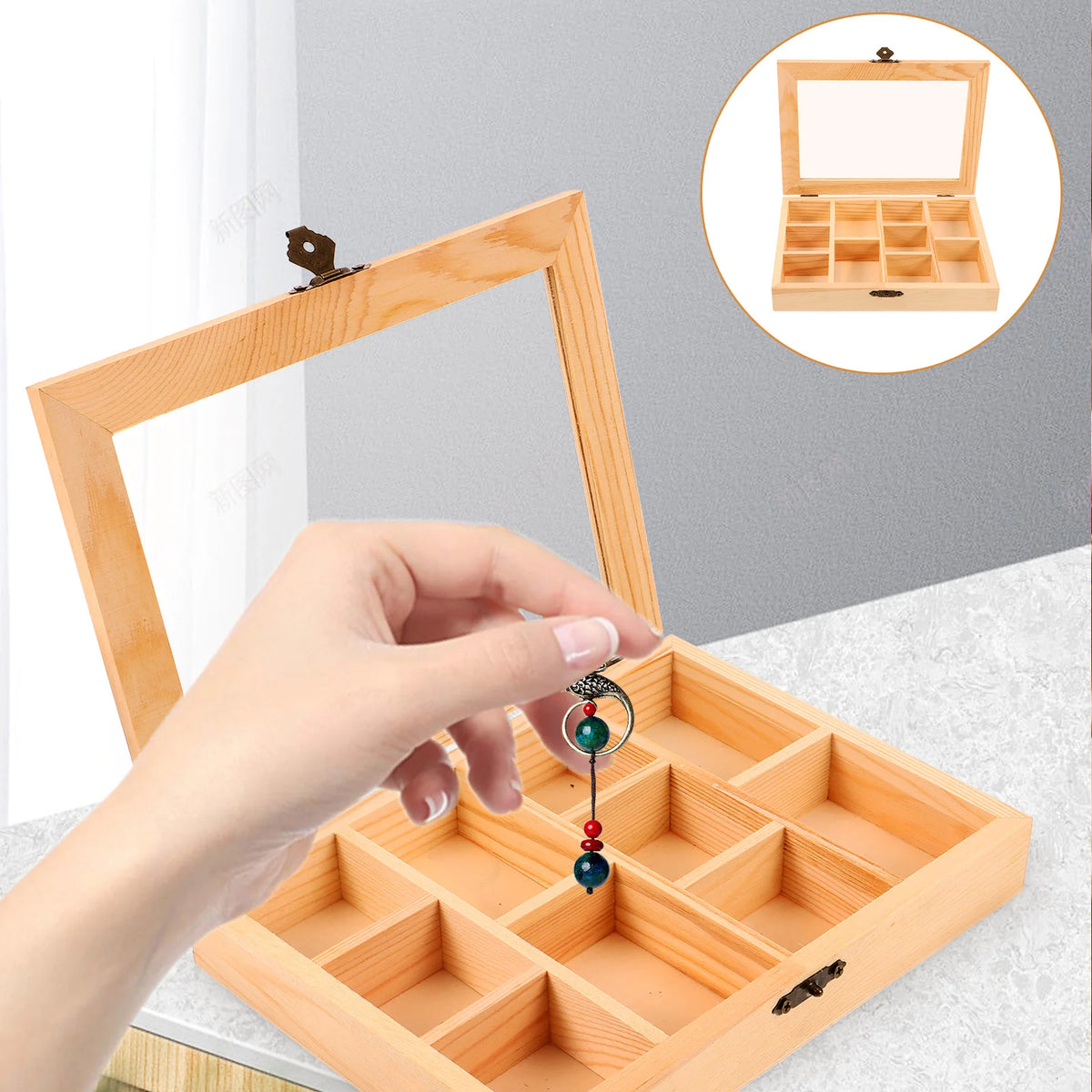 boîte bijoux bois inachevée compartiments transparent couvercle artisanat DIY enfants