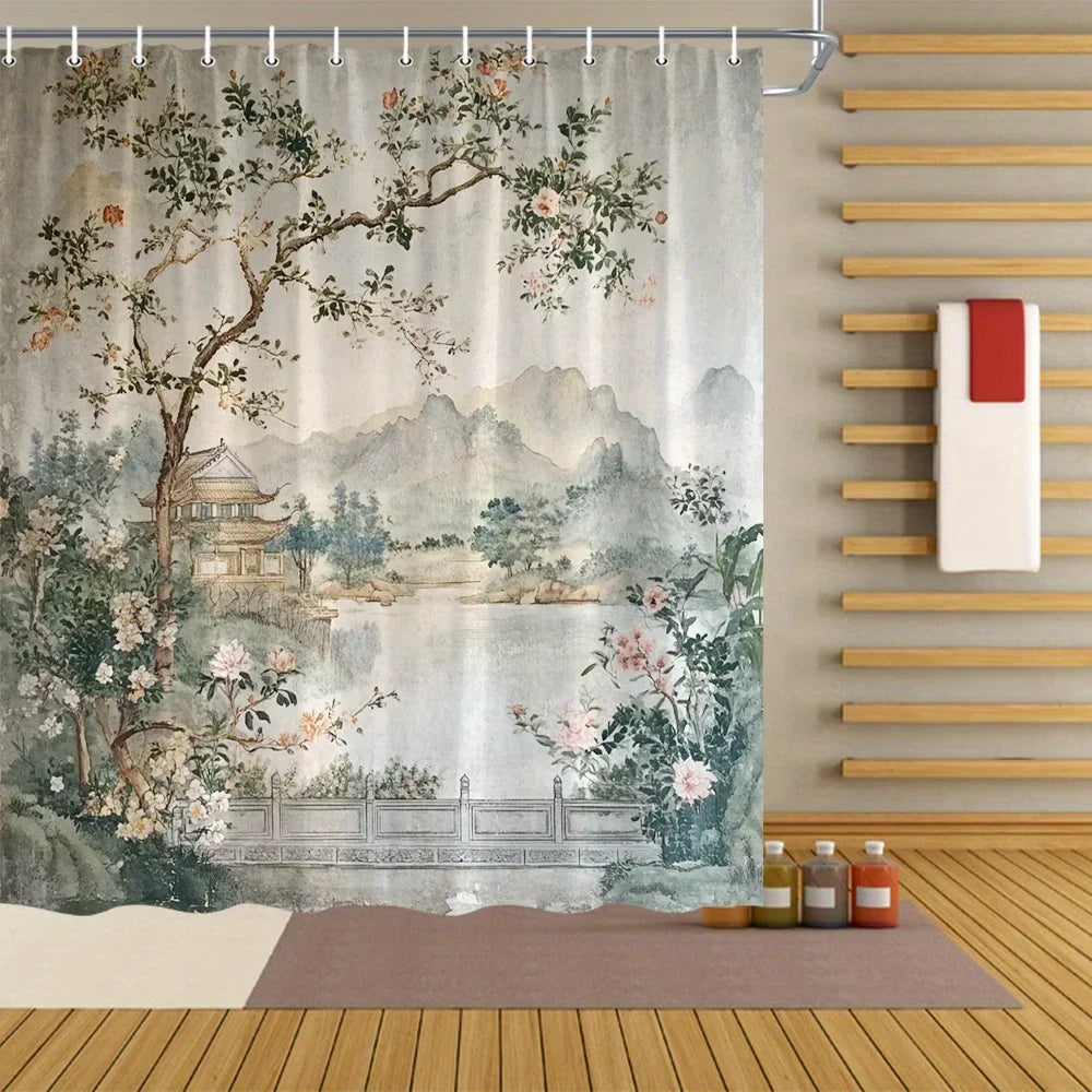 rideau douche paysage oriental montagnes fleurs opacité vert beige rose gris blanc artiste