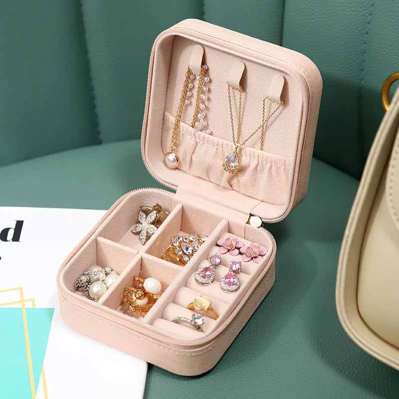 boîte bijoux simili cuir fermeture glissière moderne colliers boucles d'oreilles bagues bracelets vert rose