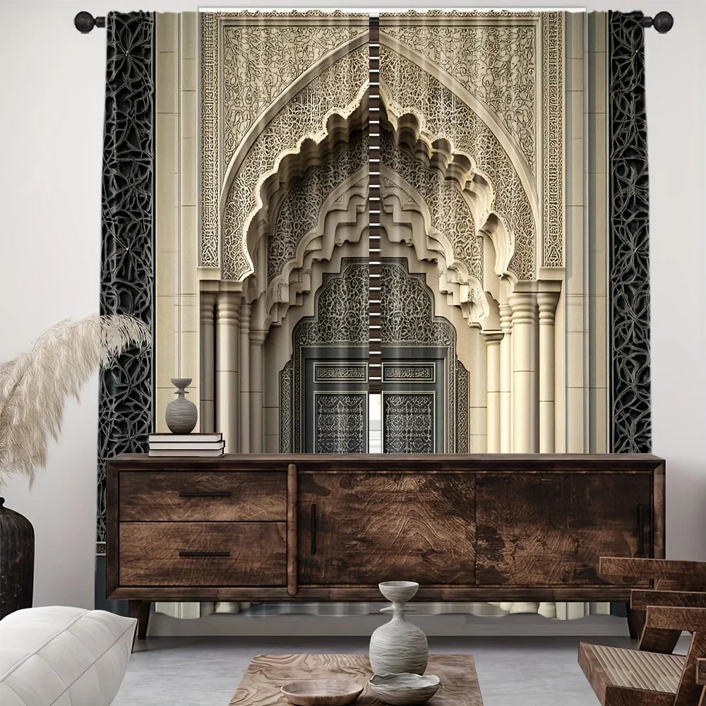 rideaux arc marocain motif architectural beige clair noir gris décoration maison islamique decoration opaque