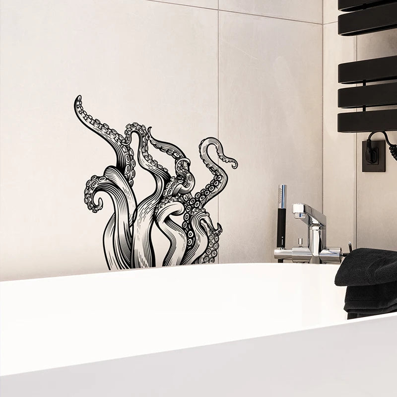sticker mural octopus graphique noir blanc adhésif salle bains décoration peinture murale autoadhésive animal