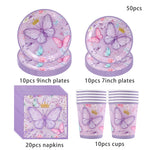 vaisselle jetable fête anniversaire papillons violets roses fleurs couronnes paillettes dorées assiettes tasses serviettes