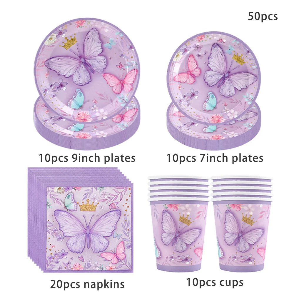 vaisselle jetable fête anniversaire papillons violets roses fleurs couronnes paillettes dorées assiettes tasses serviettes