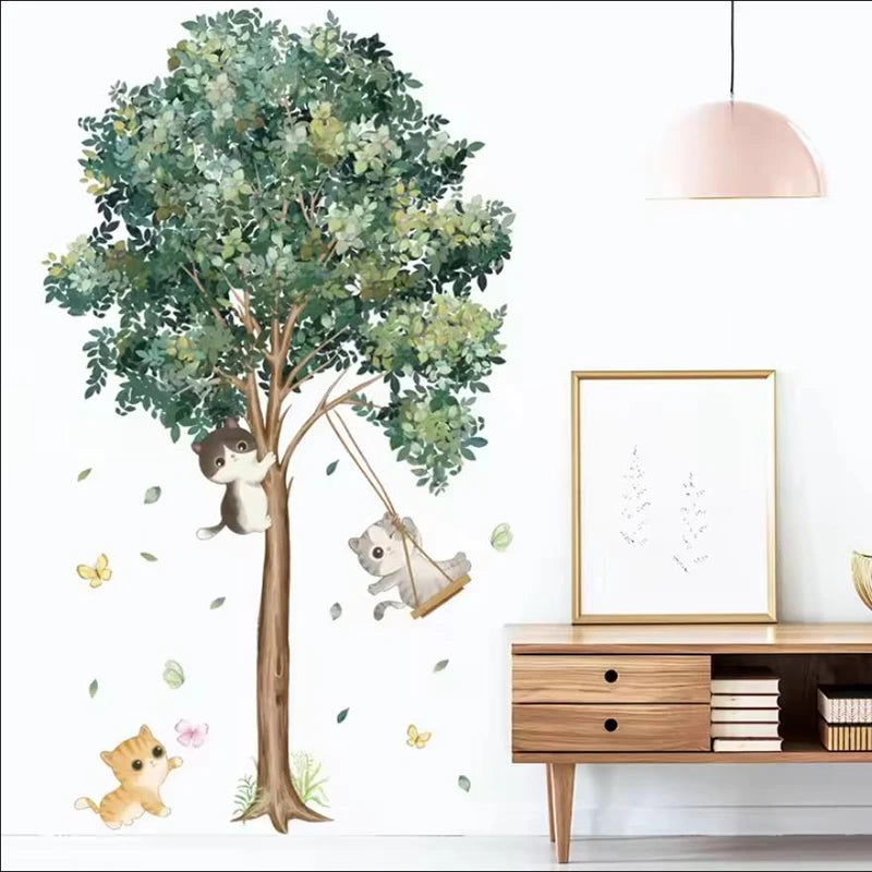 stickers muraux aquarelle plante pot cactus succulente oiseau papillon étagère bois nature bohème chambre