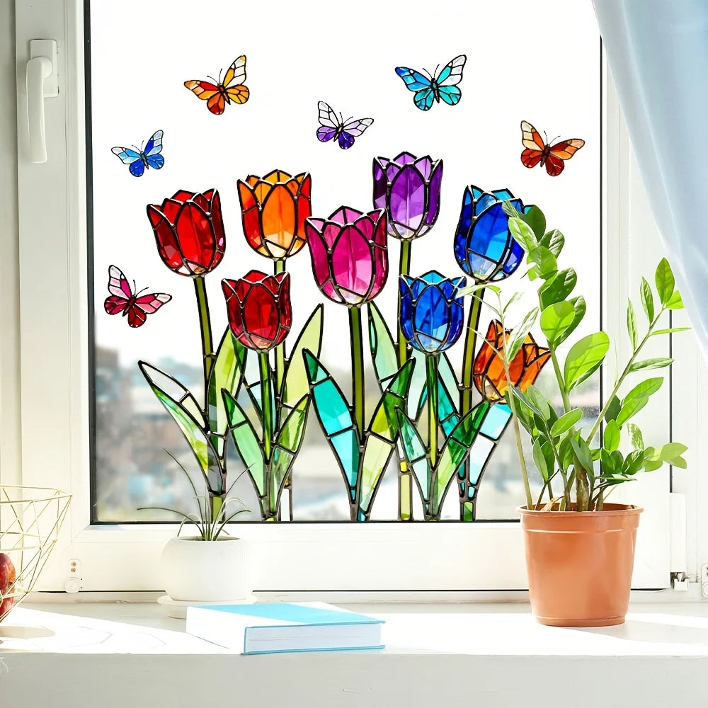 vitrail art nouveau tulipes papillons adhésif opaque multicolore décoration fenêtre