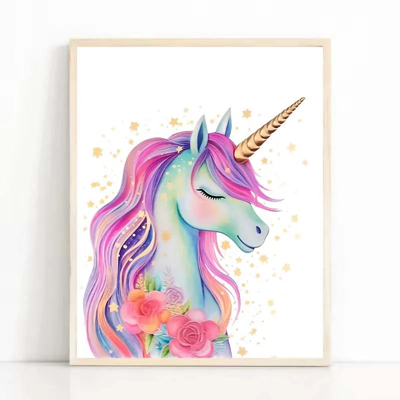 toile d'art abstraite licorne arc ciel nuages coeurs enfantins decoration murale multicolore illustration maison