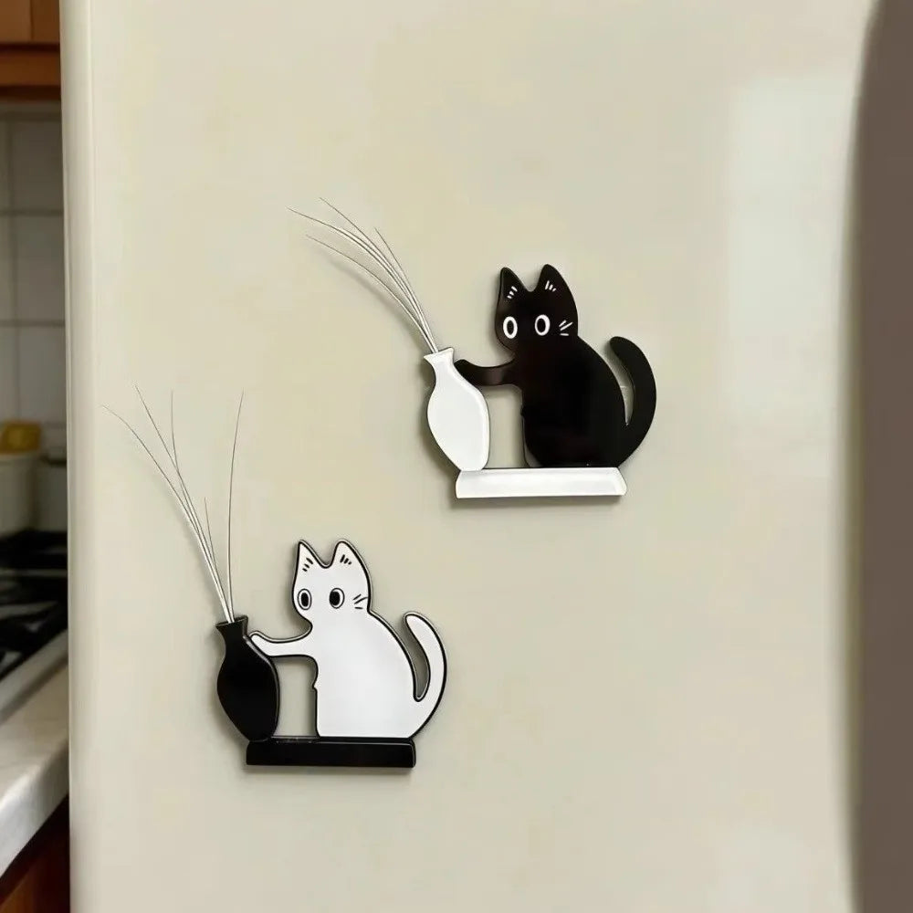 aimants réfrigérateur cartoon chatons vases fleurs noir blanc opacité fantaisie