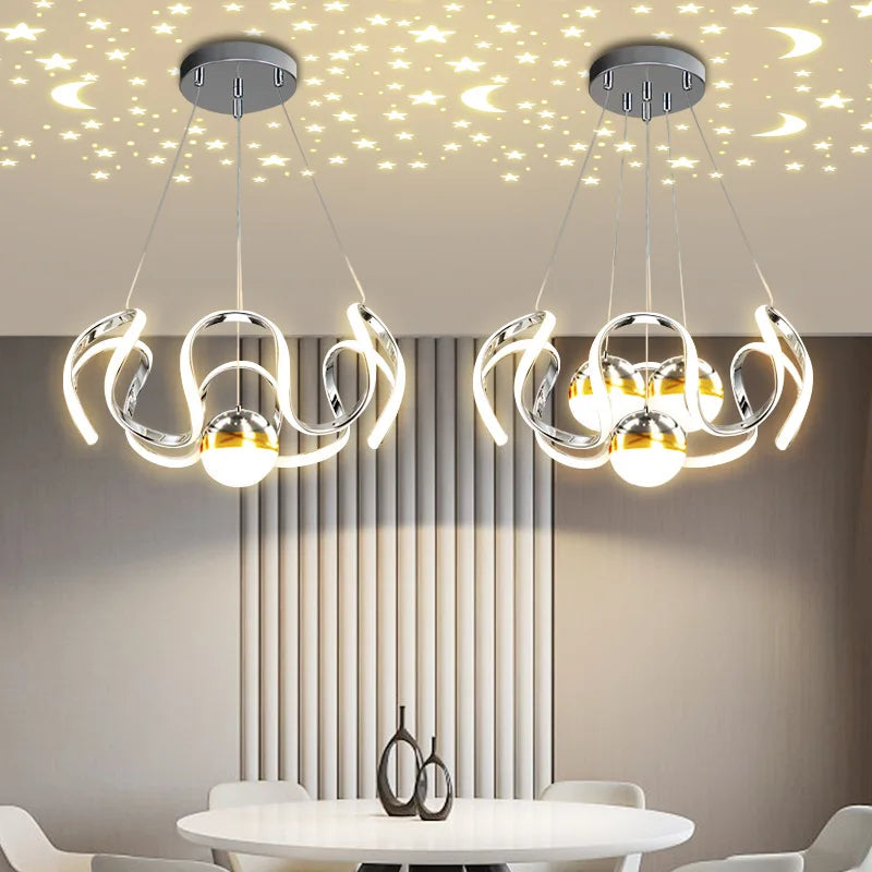 suspension lumineuse moderne noir doré boules lumière câbles suspendus forme circulaire ondulée