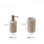 ensemble salle bain moderne pierre marbrée distribiteur savon porte brosse dents plateau carré beige