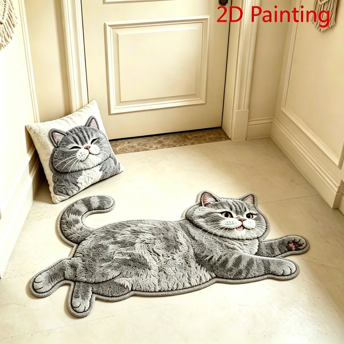 tapis gris blanc chat rayures texture moelleuse 3D chambre salon couloir décoratif polyester pile