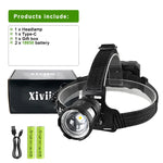 lampe frontale led noire texturée zoom ceinture ajustable mode fort faible clignotant moderne robuste