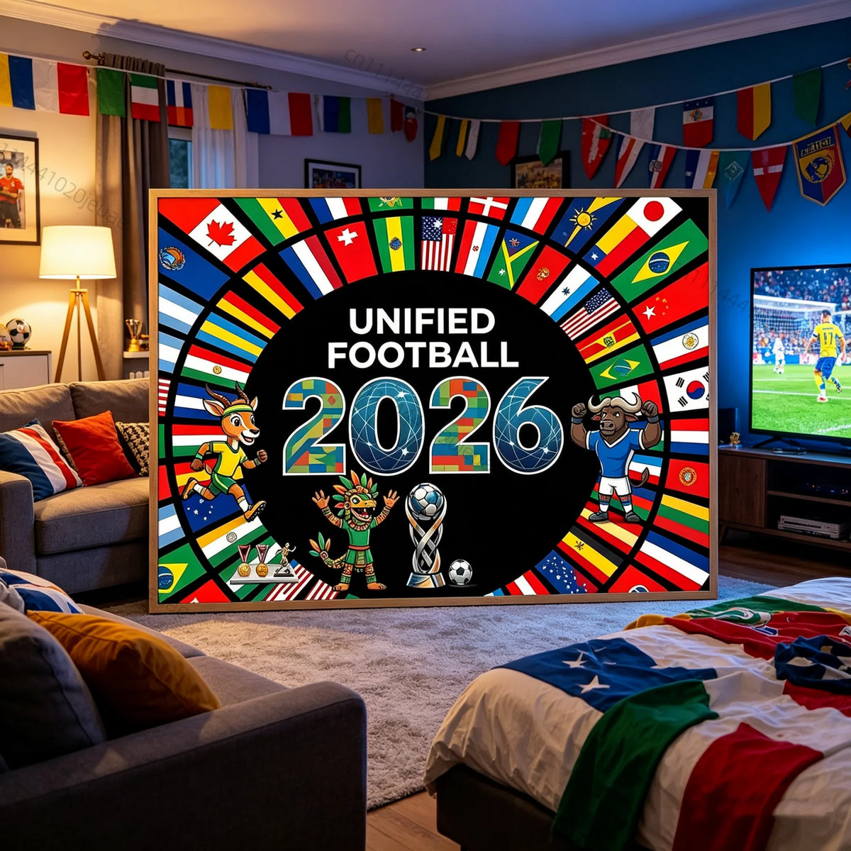 affiche murale drapeaux nations personnages sportifs UNIFIED FOOTBALL 2026 moderne opaque sportive