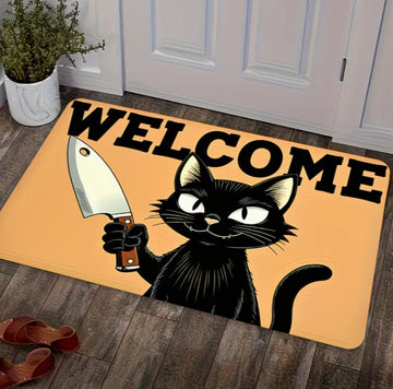 tapis d'entrée tapis bienvenue motif chat noir orange résistant antidérapant extérieur intérieur cartoon
