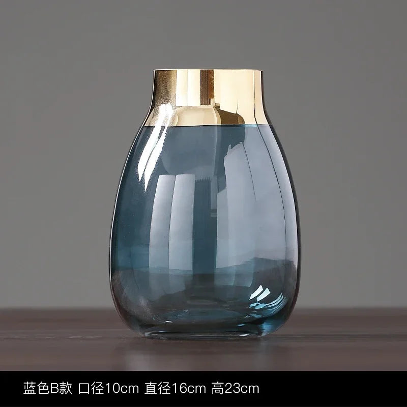 vase transparent moderne fleurs artificielles bleu doré élégant bouche vase 10cm largeur 16cm hauteur