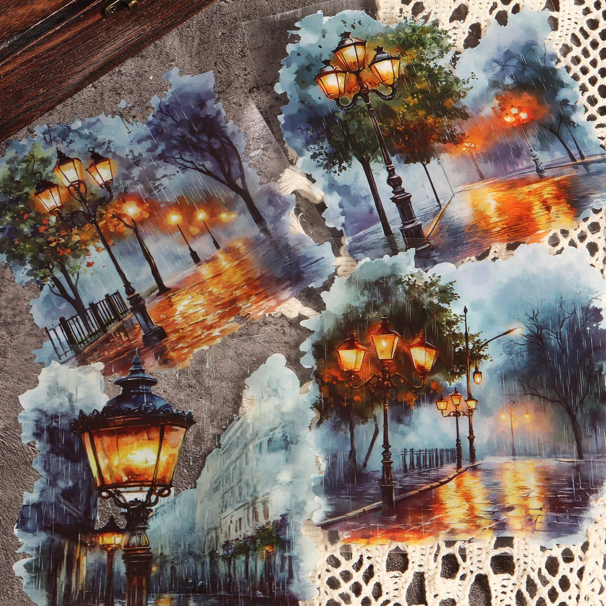 scène urbaine aquarelle lampadaires arbres bâtiments pluie feuilles d'automne nuages stickers murals déco vintage