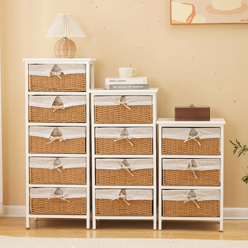 meuble tiroirs blanc rustique paniers osier tissu beige vintage chambre coucher minimaliste moderne