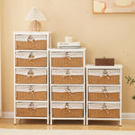 meuble tiroirs blanc rustique paniers osier tissu beige vintage chambre coucher minimaliste moderne
