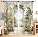 rideaux classiques imprimés paysage floral fenêtre arche blanc vert bleu rose jaune beige