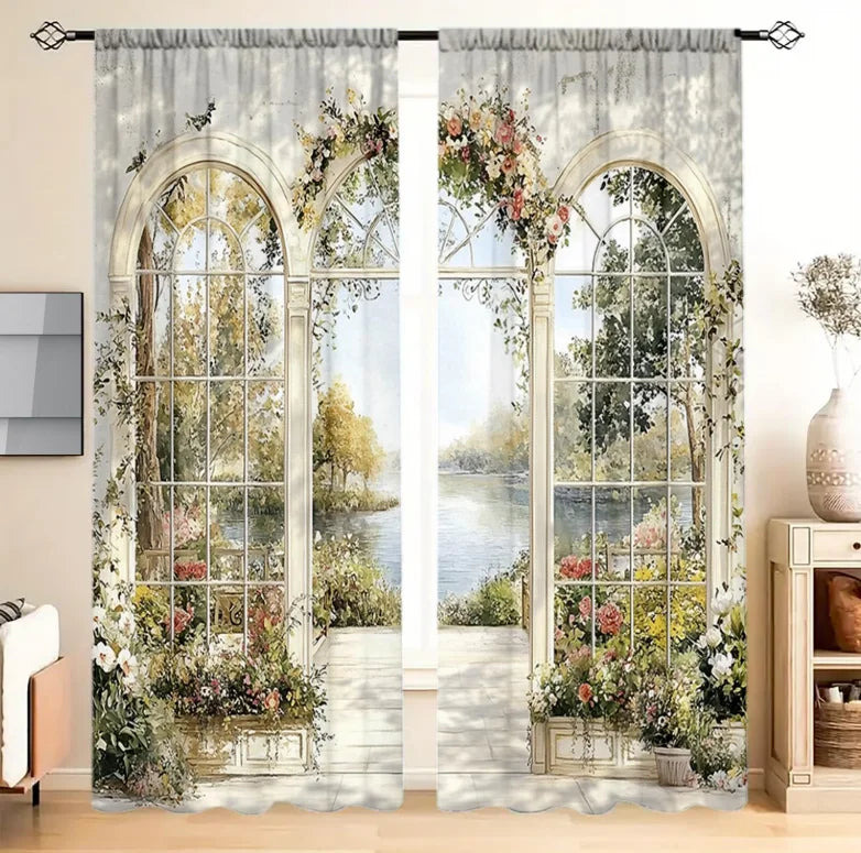 rideaux classiques imprimés paysage floral fenêtre arche blanc vert bleu rose jaune beige