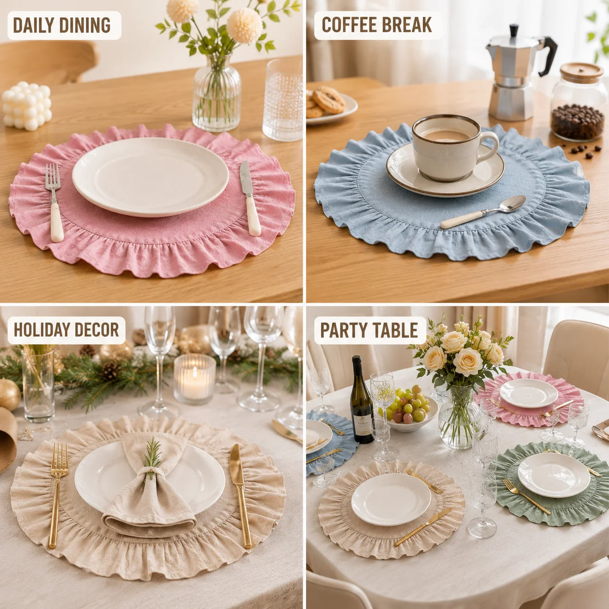 placemats élégants rose vert bleu beige volants fins table cuisine mariage fêtes