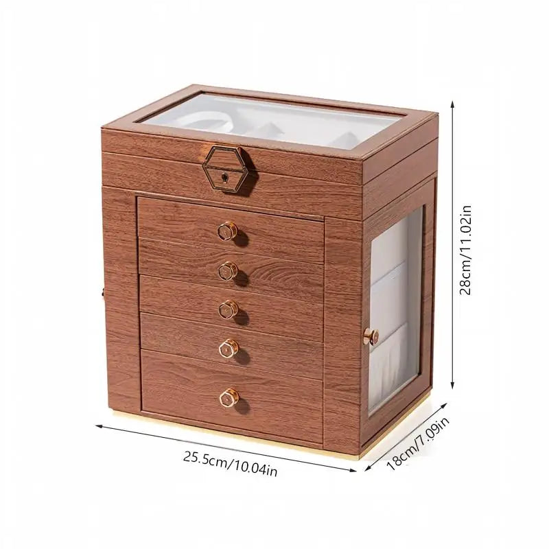 boîte bijoux multi niveaux marron foncé grain bois verre transparent poignées dorées élégante rangement