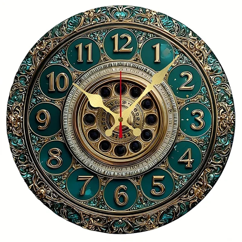 horloge murale vintage carte monde boussole bleu doré aiguille silencieuse salle manger