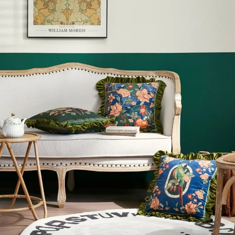 housse coussin imprimée perroquet oiseaux fleurs polyester coton lit carré vintage bleu vert rose