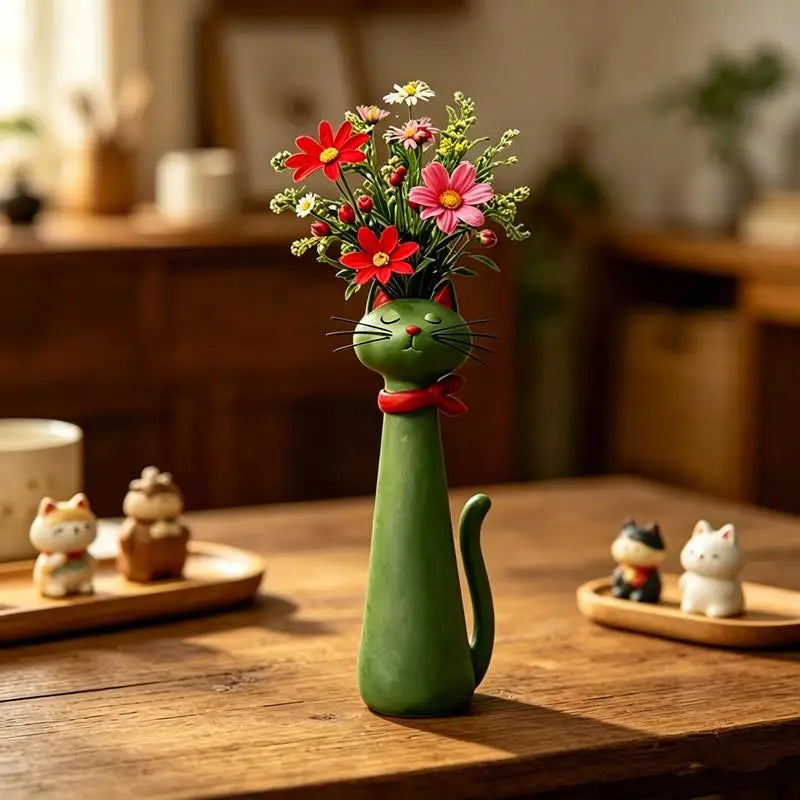 vases résine forme chat moderne couleur verte yeux oreilles queue motifs fleursDecorationMaisonBureauOrnementCartoon