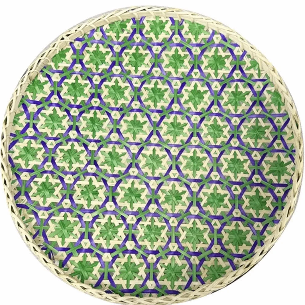 assiettes rotin naturel bleu vert marron motif géométrique tressé taille 15cm 25cm 35cm traditionnel