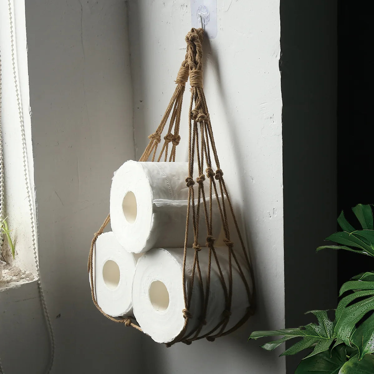 porte rouleaux papier toilette suspendu cordelettes decoratives filet tresse boheme rustique artisanal