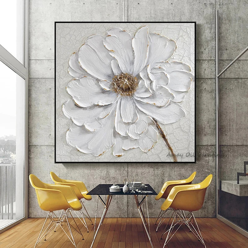 tableau abstrait moderne fleurs blanches peinture huile toile carré blanc doré 50x50cm 60x60cm 70x70cm