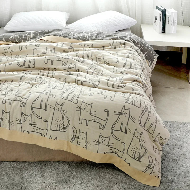 couverture coton imprimée chats moderne beige gris été portable hospitalisée voyage adultes