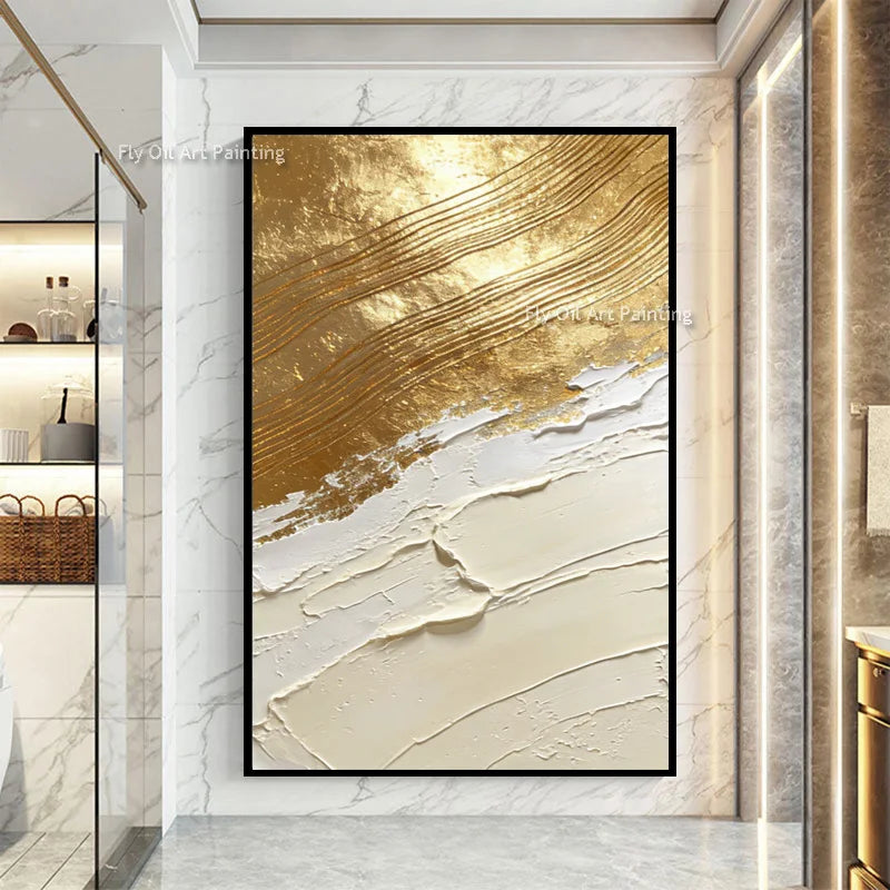 tableau abstrait contemporain doré blanc lignes ondulées toile rectangle vertical sans cadre