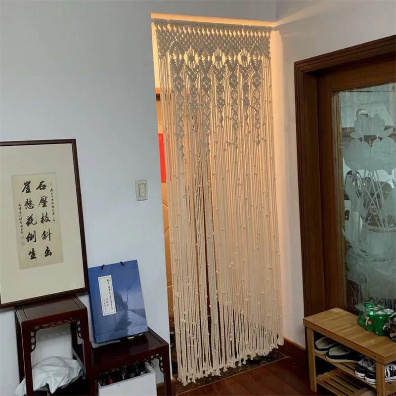 rideau macramé coton beige motifs géométriques boho opacité crochet artisanal decoration mur interieur