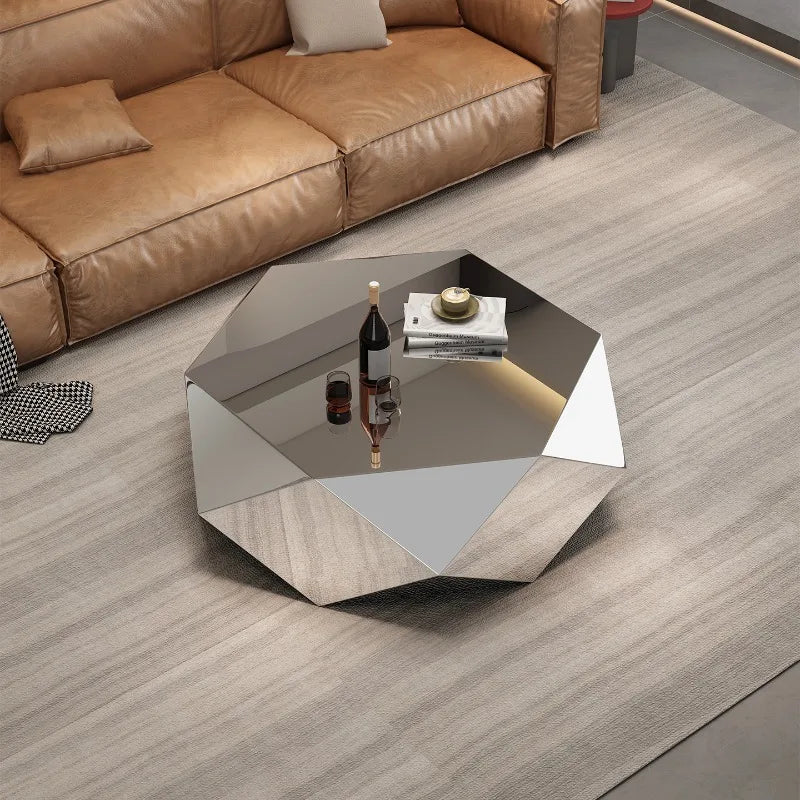 table basse octogonale verre réfléchissant base bois claire moderne salon italien minimaliste