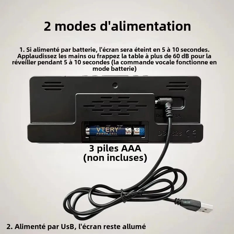 horloge numérique moderne écran LED noir blanc vert números lumineux anti perturbation snooze mode