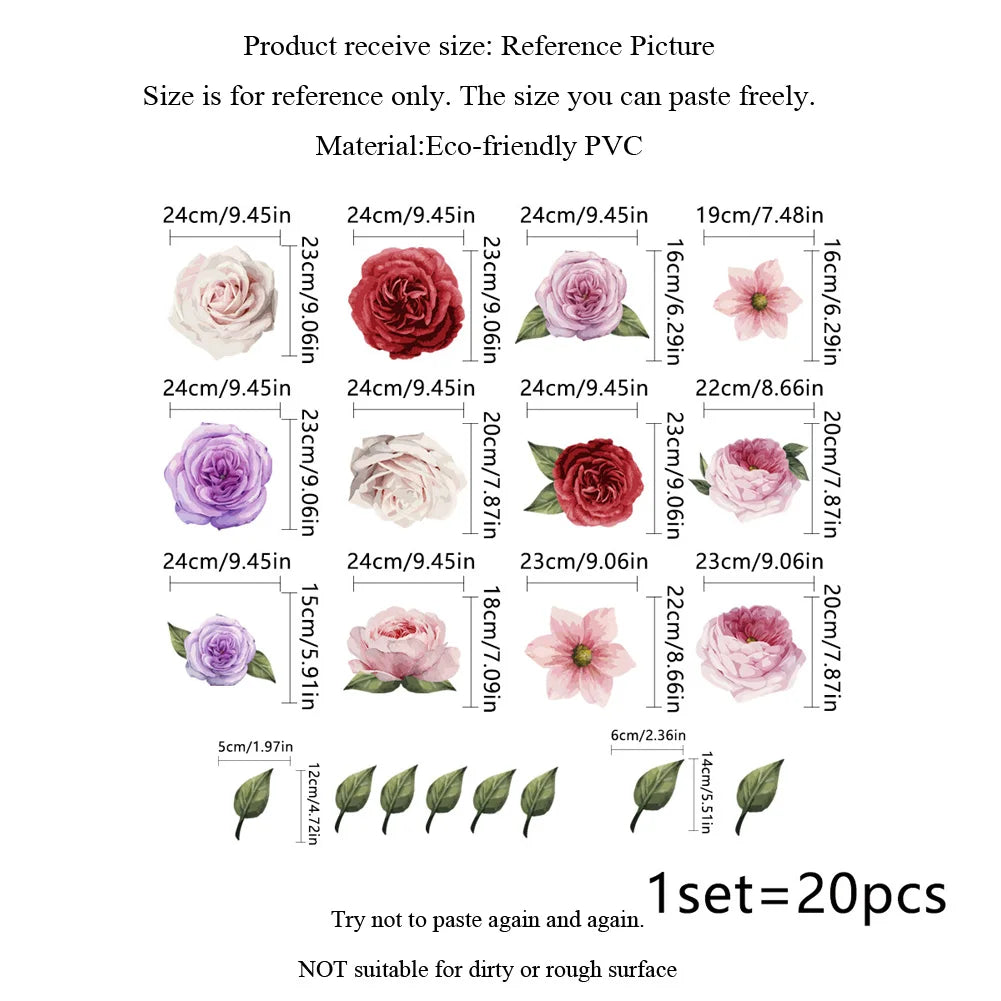 sticker mural floral aquarelle roses pivoines 20 pièces adhésif décoration romantique chambre salon