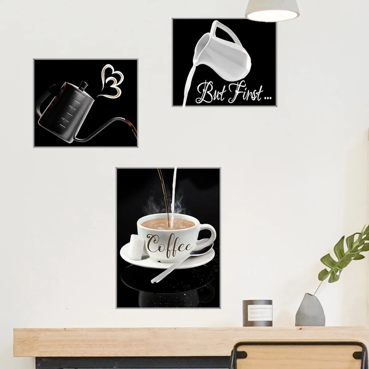 affiches murales autocollantes moderne illustration but first coffee tasse cuillère cœur minimaliste