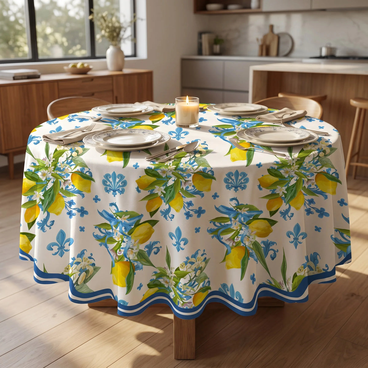 nappe table méditerranéenne motifs floraux citrons ronde rectangulaire printemps été mariage décoration provençale assiettes