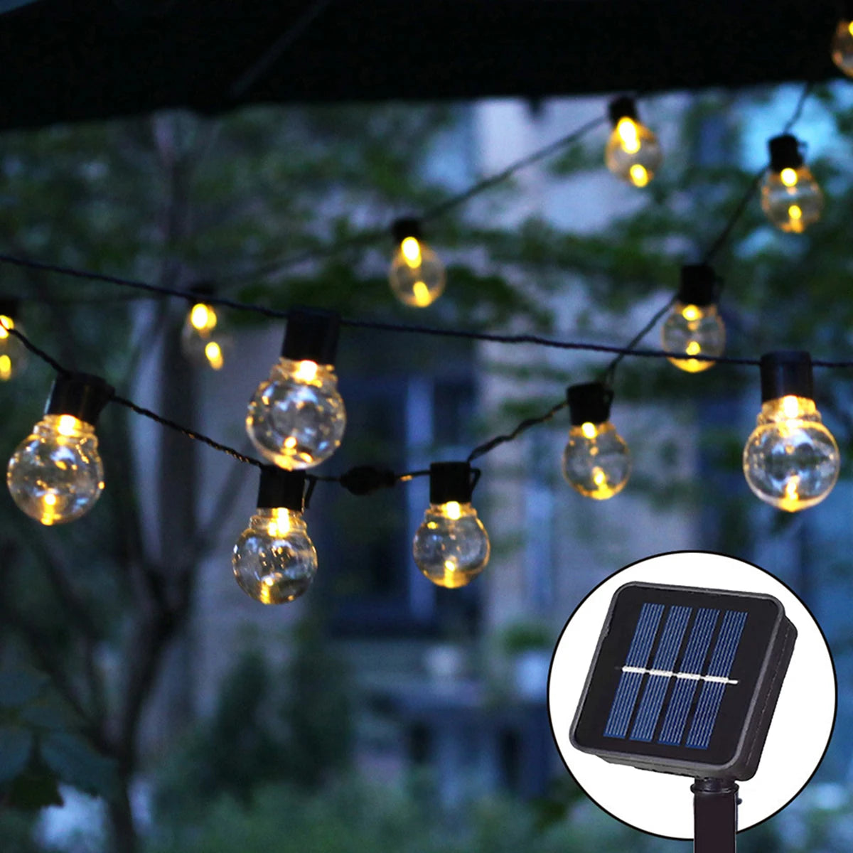 guirlande lumineuse solaire moderne 10m 38 ampoules blanc noir boules sphériques translucentes festive extérieure